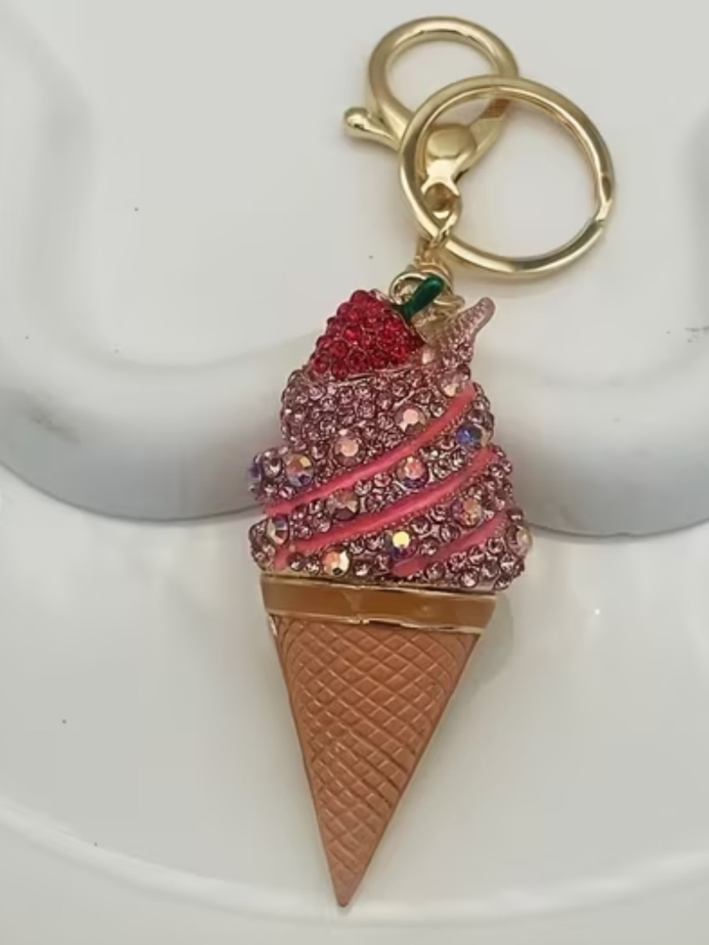 Pink Ice cream cone Rhinestone Keychain/purse charm.